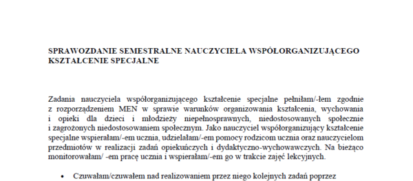 SEMESTRALNIK. ZESTAW OBSZERNYCH SPRAWOZDAŃ DLA SPECJALISTÓW SZKOLNYCH, WYCHOWAWCY KLASY