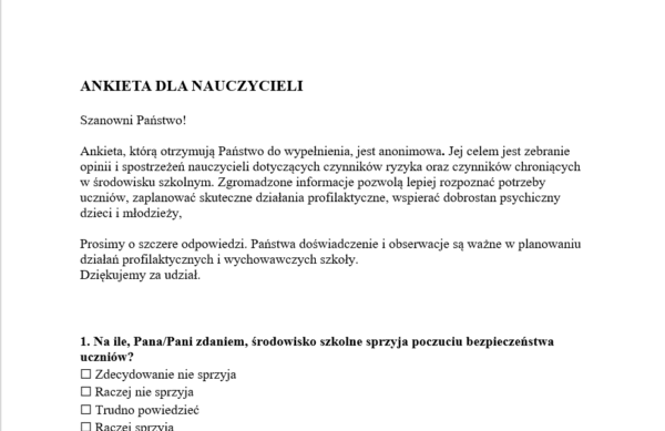 Ankiety diagnostyczne i ewaluacyjne 2025/2026 – Czynniki chroniące i ryzyka + Standardy Ochrony Małoletnich