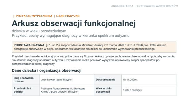 Teczka pedagoga i psychologa szkolnego 2026/2027 – plany pracy, wpisy do dziennika i arkusze obserwacji